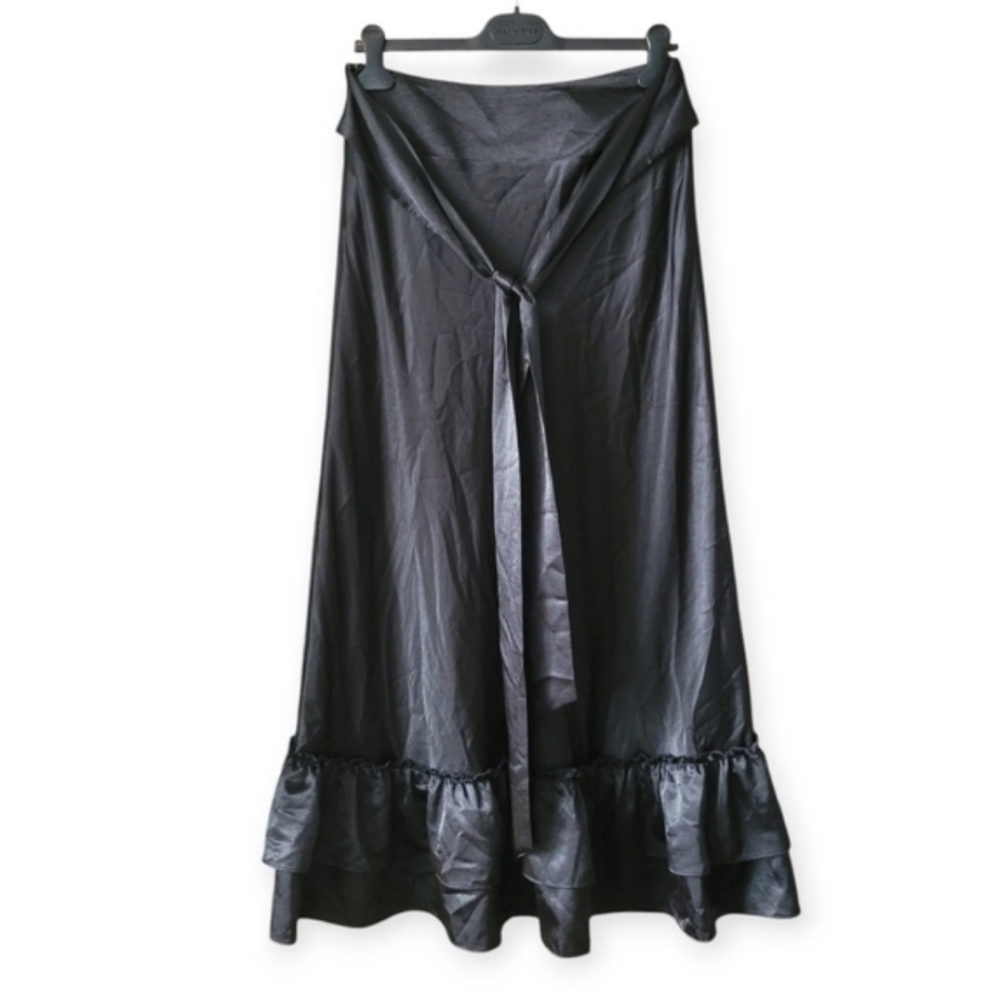 Vintage Satin Tiered Ruffle Hem Maxi Skirt Black Whimsigoth Goth 90s - Picture 4 of 15